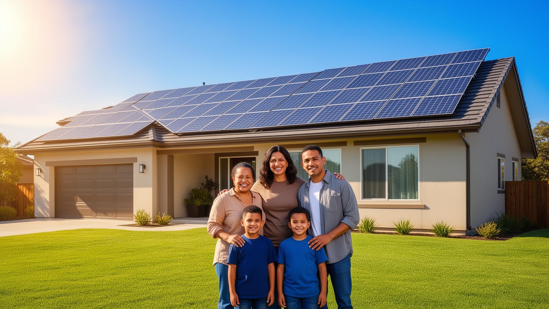 Familia latina feliz frente a su casa con paneles solares